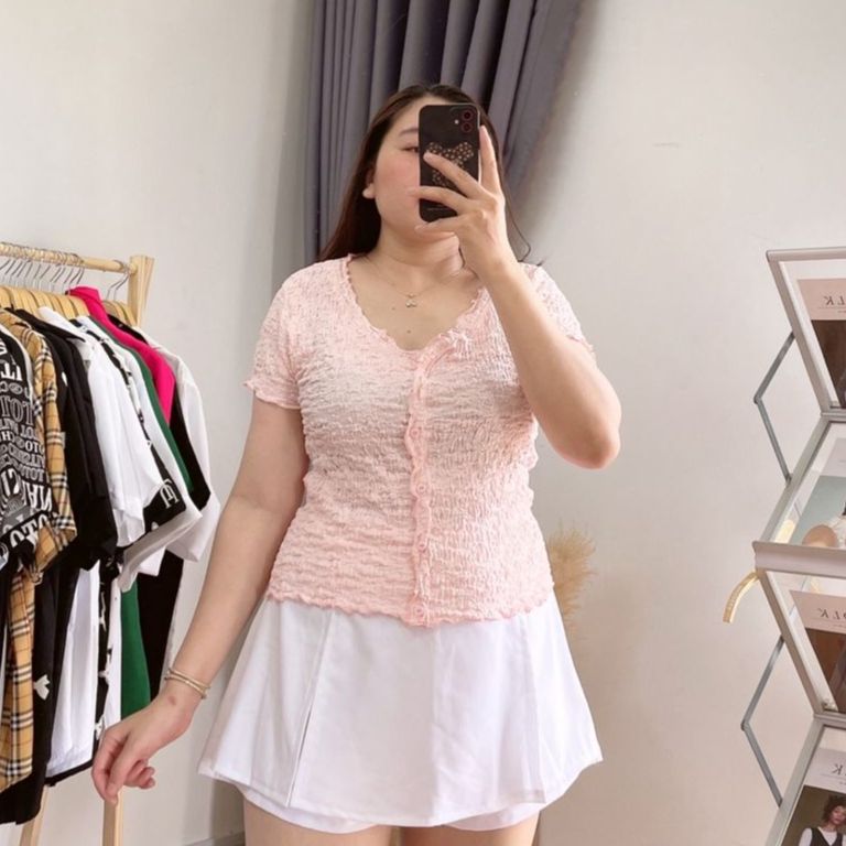 Áo thun xốp nữ bigsize cổ tim nhún co giãn mạnh XOP3