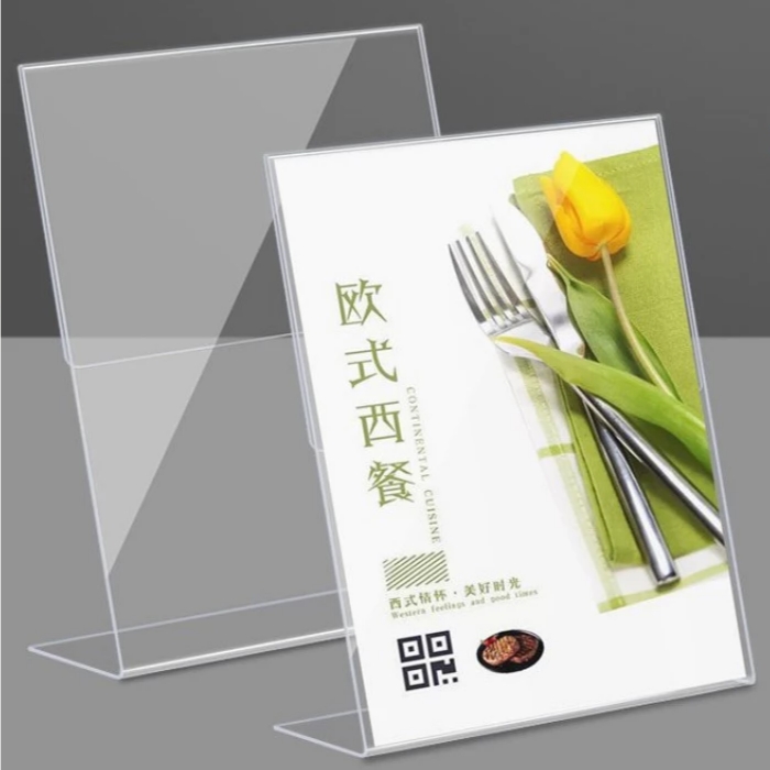Bảng menu mica để bàn chữ l kích thước a4 a5 a6 10x20, menu mã qr code để bàn mica