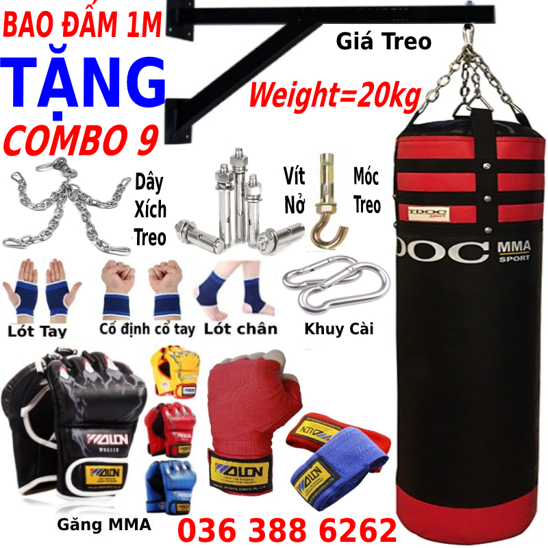 Bao đấm bốc bao cát đấm bốc dây xích treo tường 3 lớp dày 2,5mm đã nhồi hoàn thiện tặng 01 cặp găng tay đấm bao cát MMA cao cấp - -Bảo hành bao cát 12 tháng