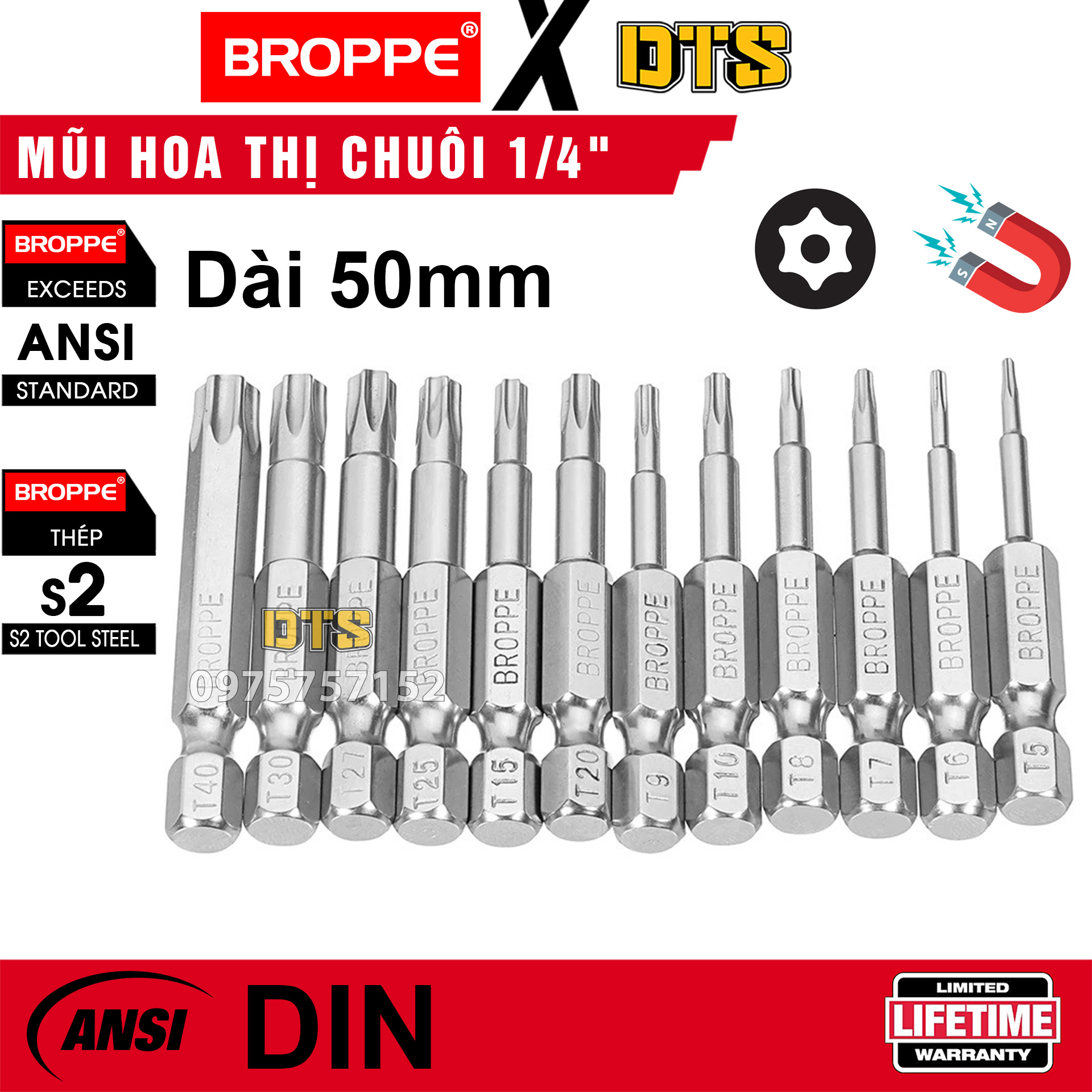 Mũi hoa thị có lỗ từ tính dài 50mm BROPPE | Mũi vít hoa thị chuôi lục giác ngắn 6.35mm nam châm trợ lực, thép S2 siêu bền chân 1/4" | Bộ hoa thị nam châm, mũi hoa thị lục giác lỗ