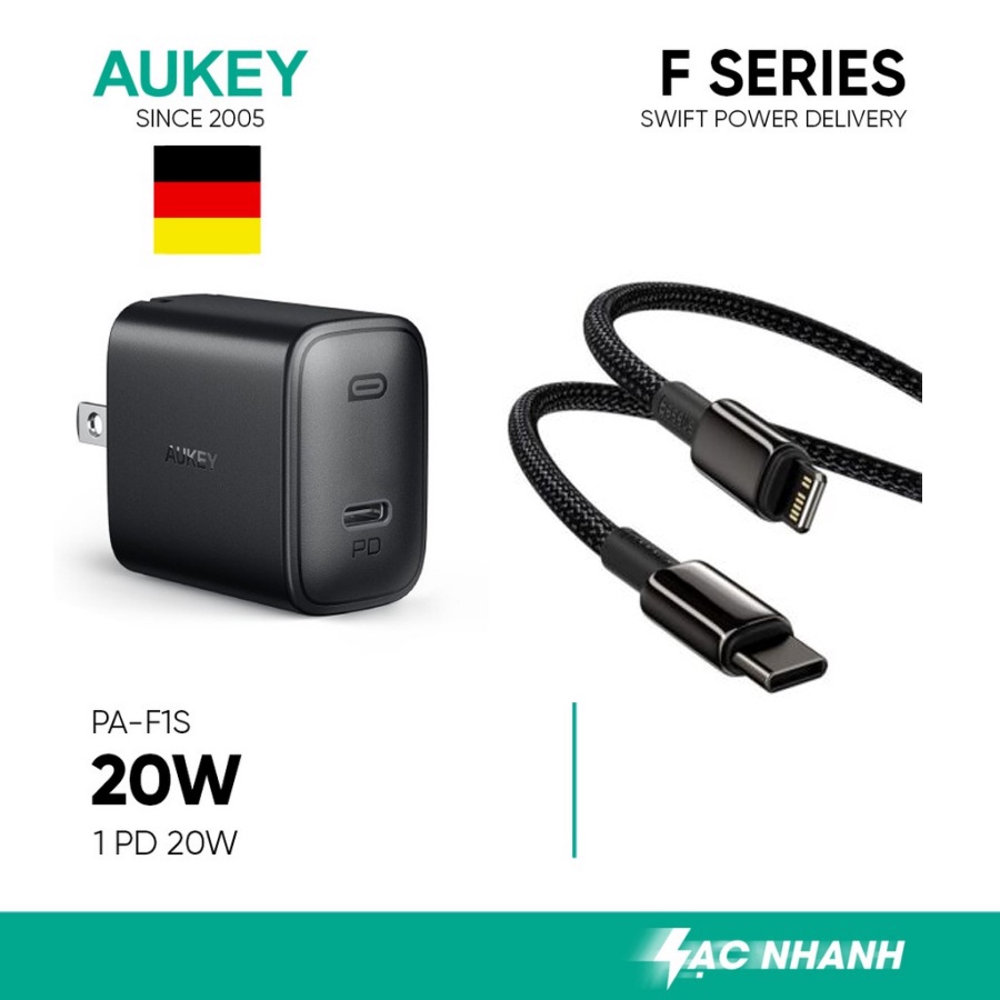 Combo sạc nhanh iphone củ sạc aukey pa-fs1 và cáp cto l 1m