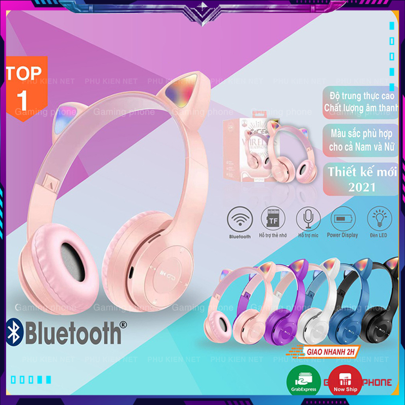 Tai Nghe Mèo Bluetooth , Headphone p47 - Tai Mèo Dễ Thương Có Mic,Âm Bass Mạnh Mẽ Và Dung Lượng Pin Khủng 400mAh