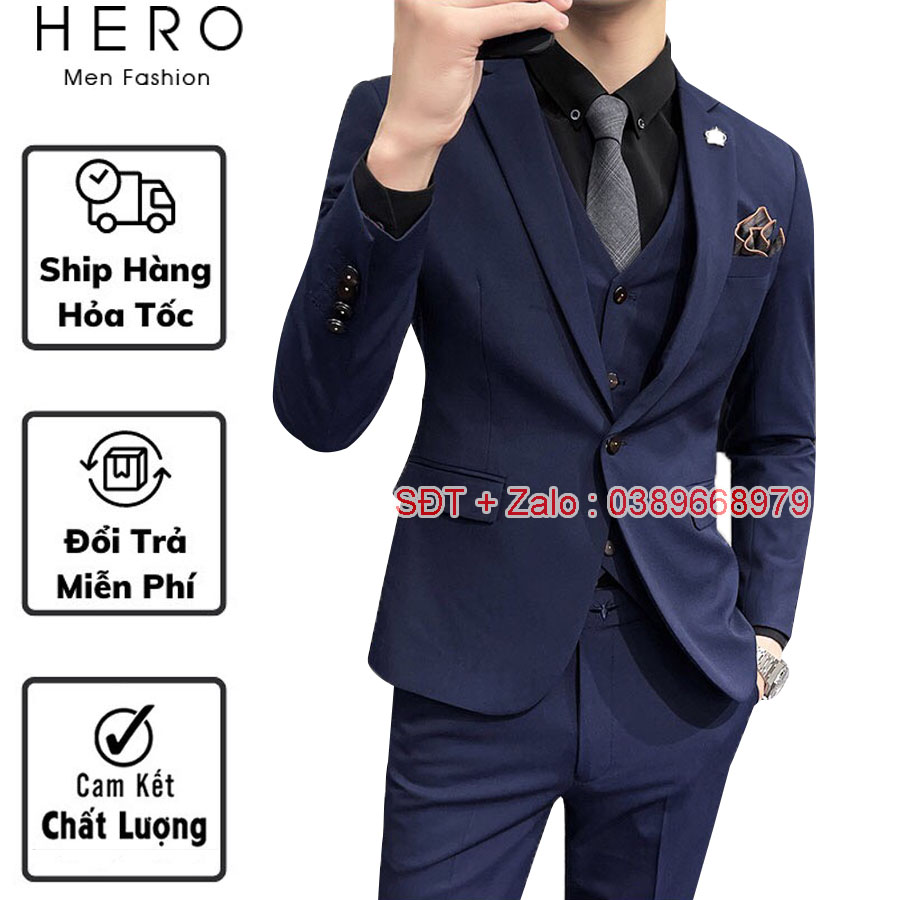 Bộ vest nam cao cấp màu xanh than, bộ suit nam hàn quốc vải sịn