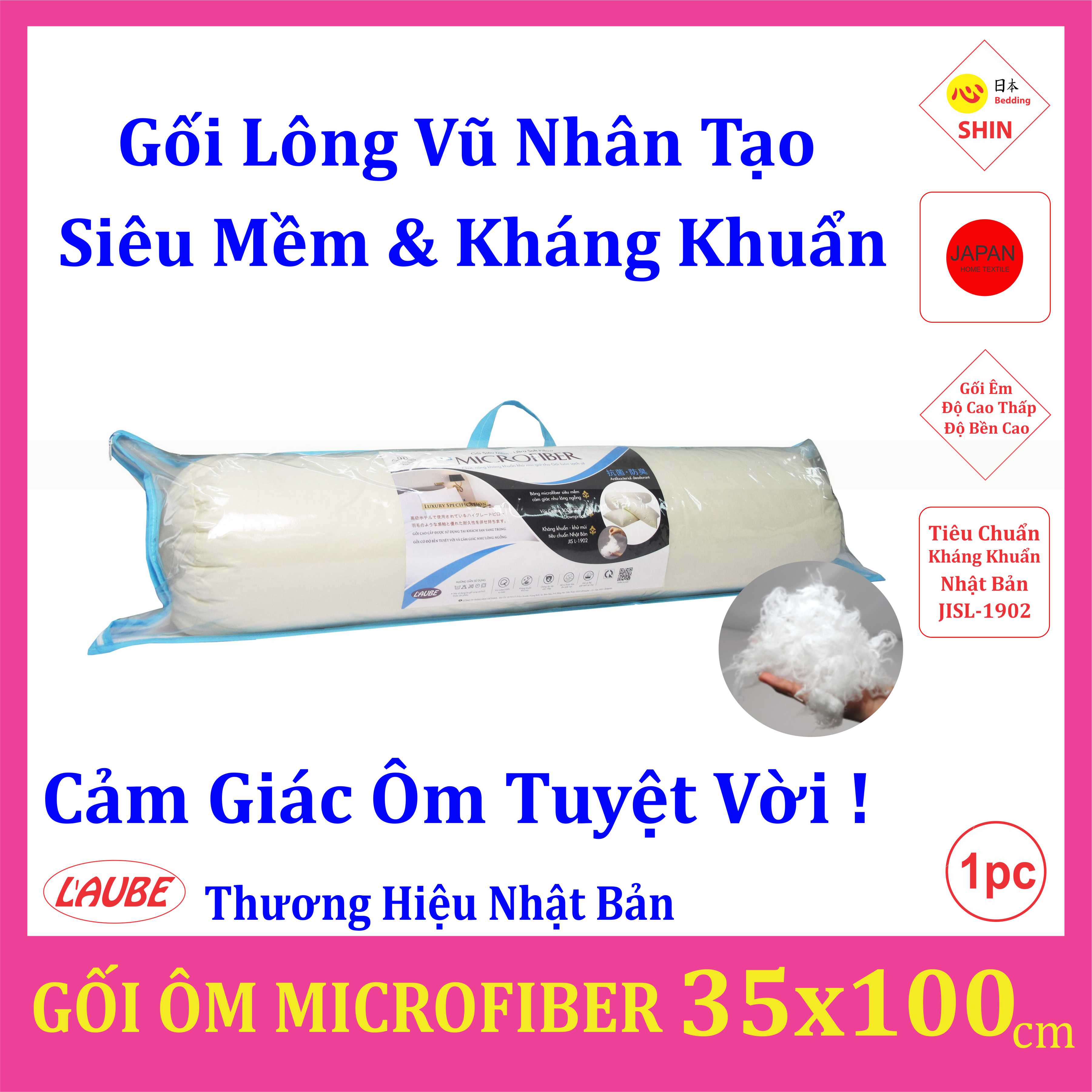 Gối ôm siêu mềm Microfiber Laube Kháng Khuẩn 35x100cm