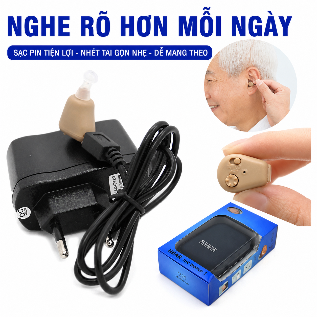 Máy Trợ Thính AXON Mini Sạc Pin | Thiết Kế Nhét Tai Nhỏ Gọn Hỗ Trợ Nghe Tiện Lợi Kèm Hộp Bảo Quản