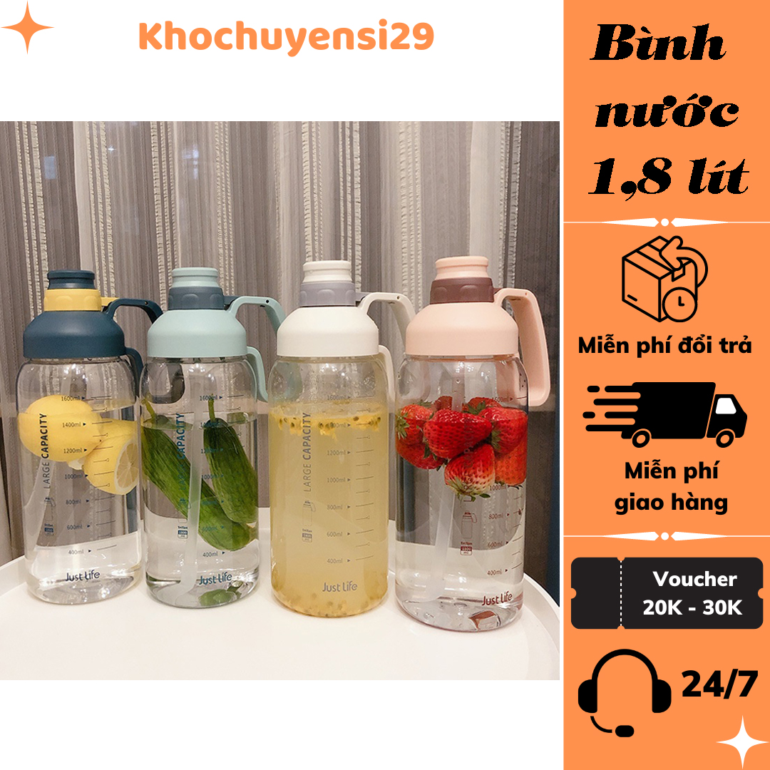 Bình nước chất liệu nhựa an toàn dung tích 1,8 liết thiết kế có tay cầm nhiều màu