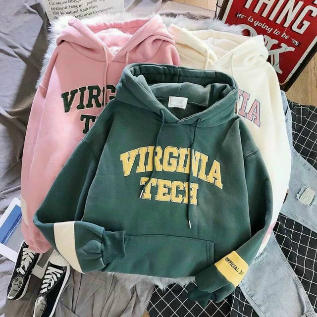 Áo khoác hoodie nữ nỉ ngoại mịn nhẹ nón cột thun dễ dàng chữ thêu virginia phối màu đẹp giá siêu siêu rẻ