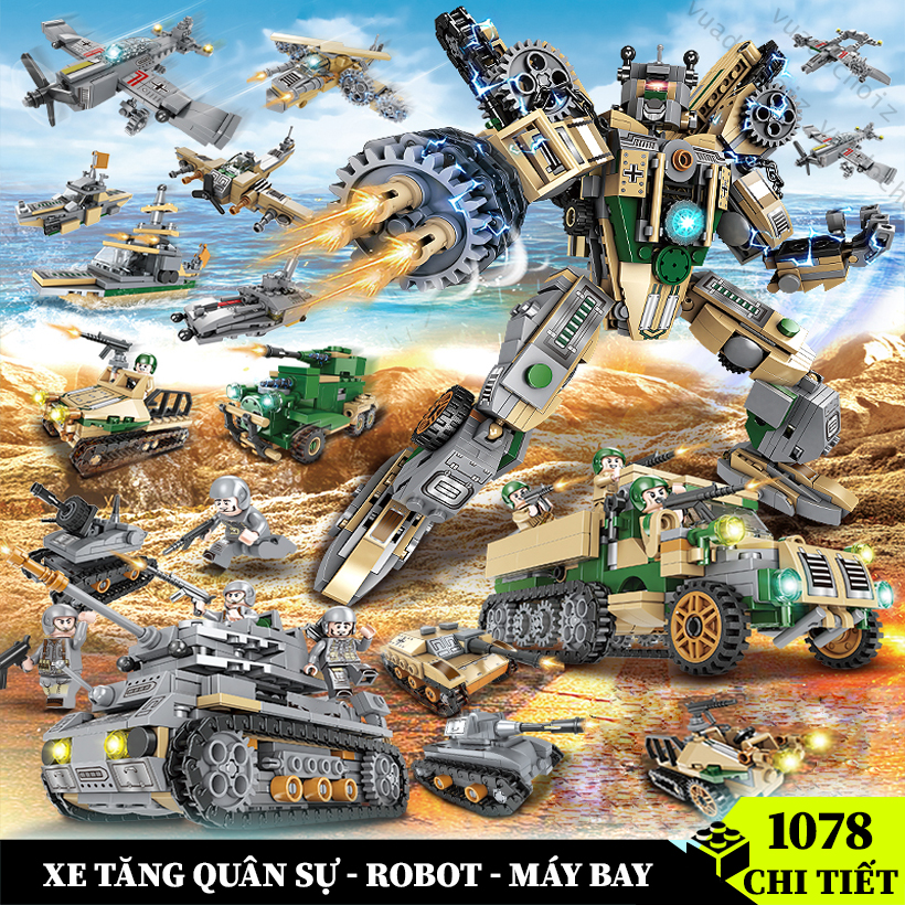 Đồ chơi lắp ráp xe tăng chiến đấu robot biến hình 1078 CHI TIẾT mô hình xe tank máy bay kèm lính đặc nhiệm