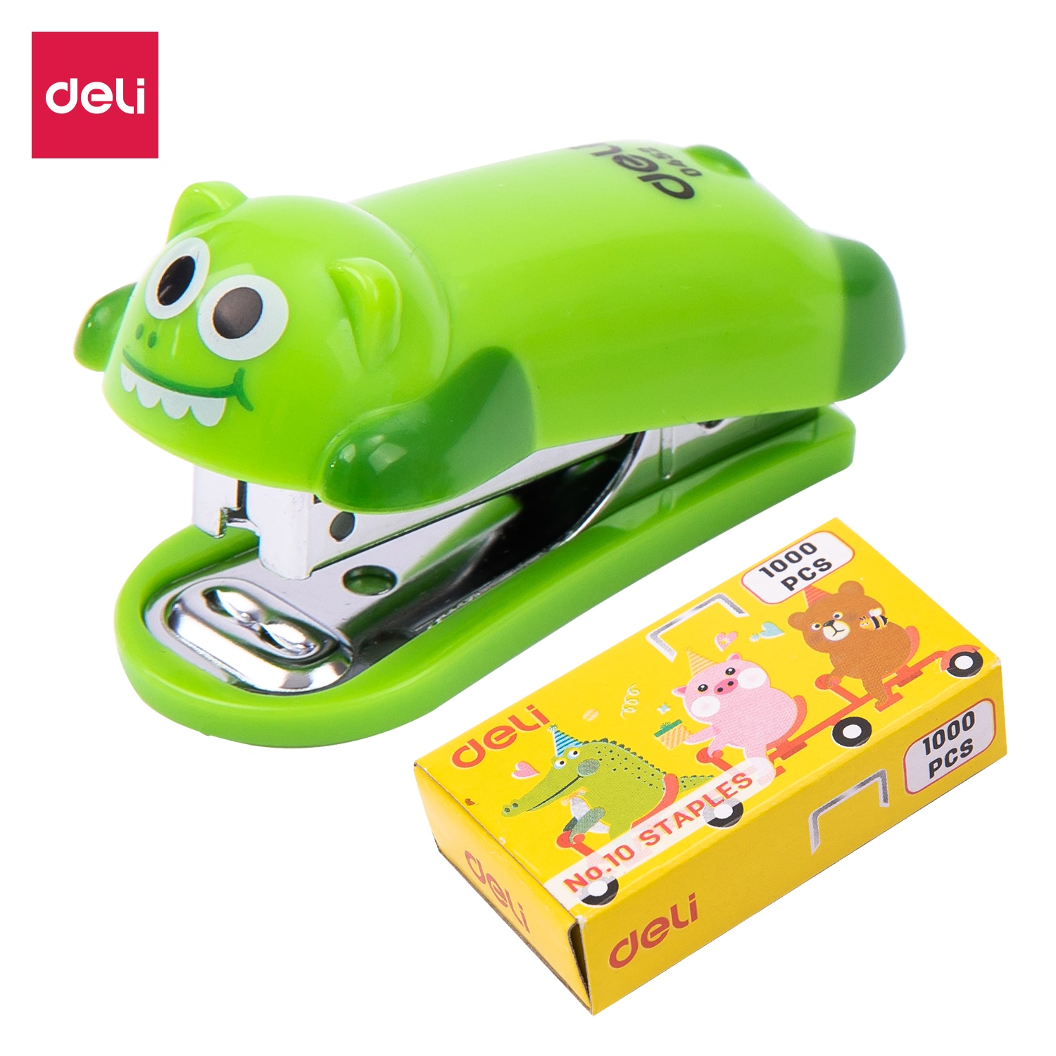 Dập ghim mini #10 deli hình gấu/heo/cá sấu, tặng kèm hộp đựng ghim - 1 cái - e0452