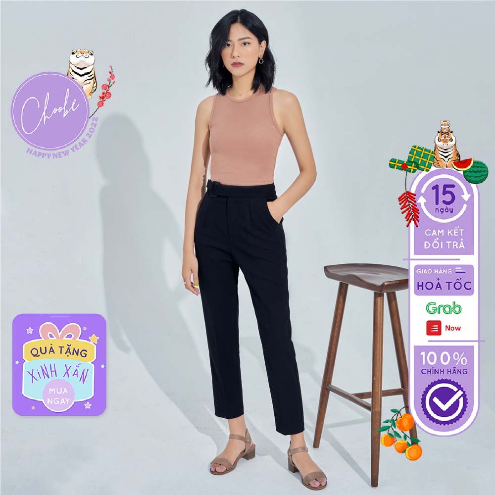 Quần baggy nữ Choobe lưng cạp cao đai vải vuông cúc lệch đồ công sở đi học form đẹp màu đen ghi Q02