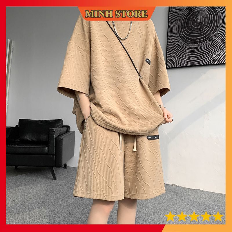 Bộ Quần Áo Nam Mùa Hè Xốp Vân Nổi Họa Tiết LOGO Cao Su Trẻ Trung, Bộ Cổ Tròn Cộc Tay Nam Hàng Cao Cấp BO21