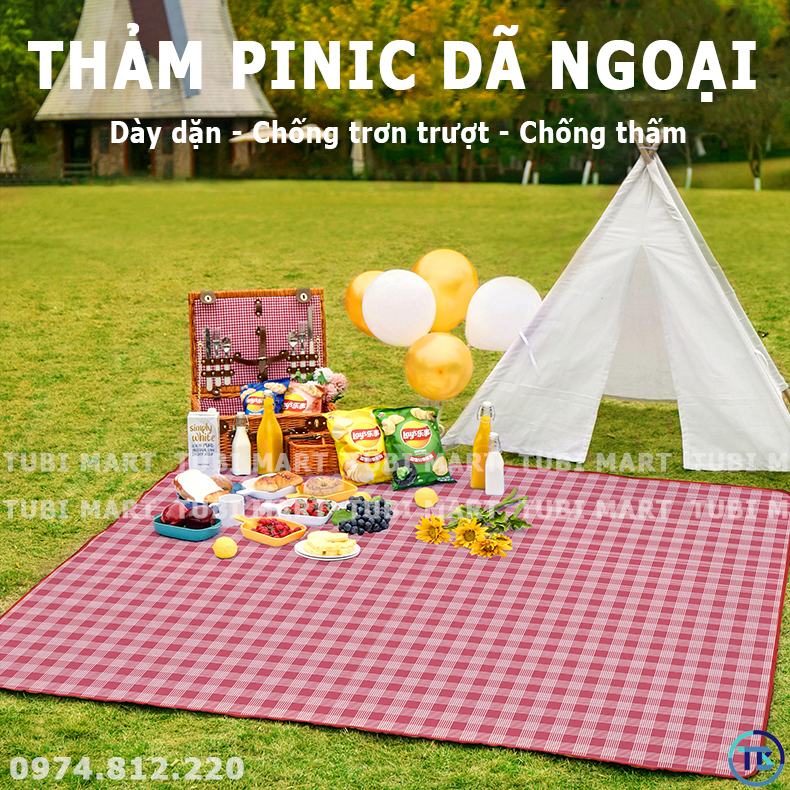 Thảm dã ngoại gấp gọn chống thấm - thảm picnic, thảm du lịch cao cấp họa tiết caro 2mx2m tiện lợi - tb031