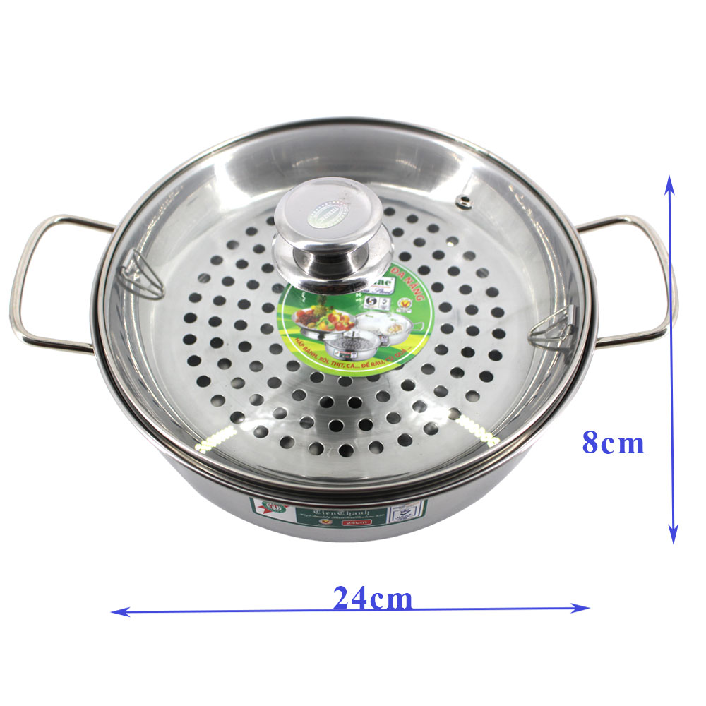 Nồi lẩu Inox nắp kiếng có vỉ hấp loại  đường kính và 24 cm Tithafac