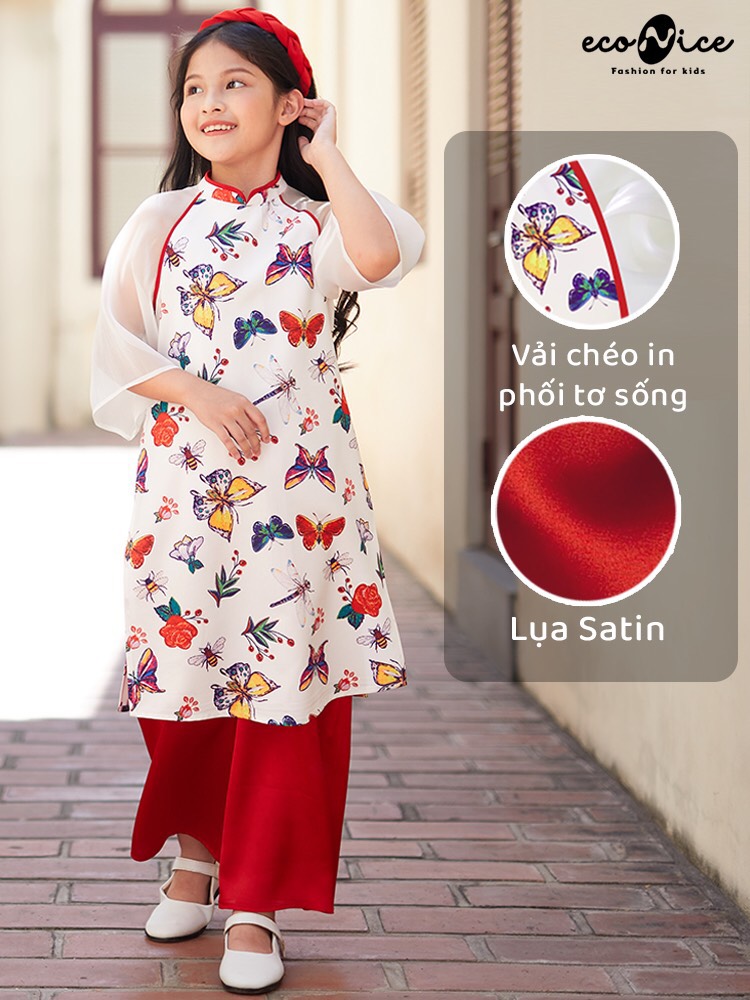 Áo dài bé gái, Áo dài cách tân bé gái chất tơ lụa mềm họa tiết dễ thương kèm mấn từ 9-28kg