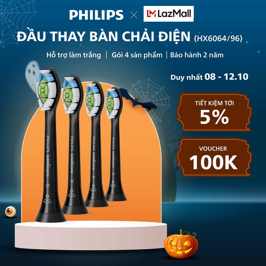 Bộ 4 Đầu Bàn Chải Điện PHILIPS Sonicare W HX6064/96, Màu Đen, Hỗ Trợ Làm Trắng Răng