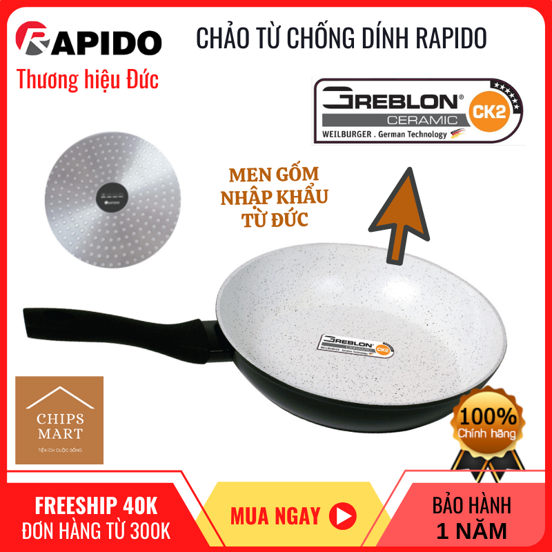 [Hàng cao cấp] Chảo Chống Dính Đáy Từ Rapido – Men Gốm Nhập Khẩu từ Đức – Siêu bền, dùng được trong máy rửa bát - Dùng trên mọi loại bếp, đặc biệt là bếp từ - Đủ size 20/24/26/28/30 cm - Bảo hành chính hãng 1 năm