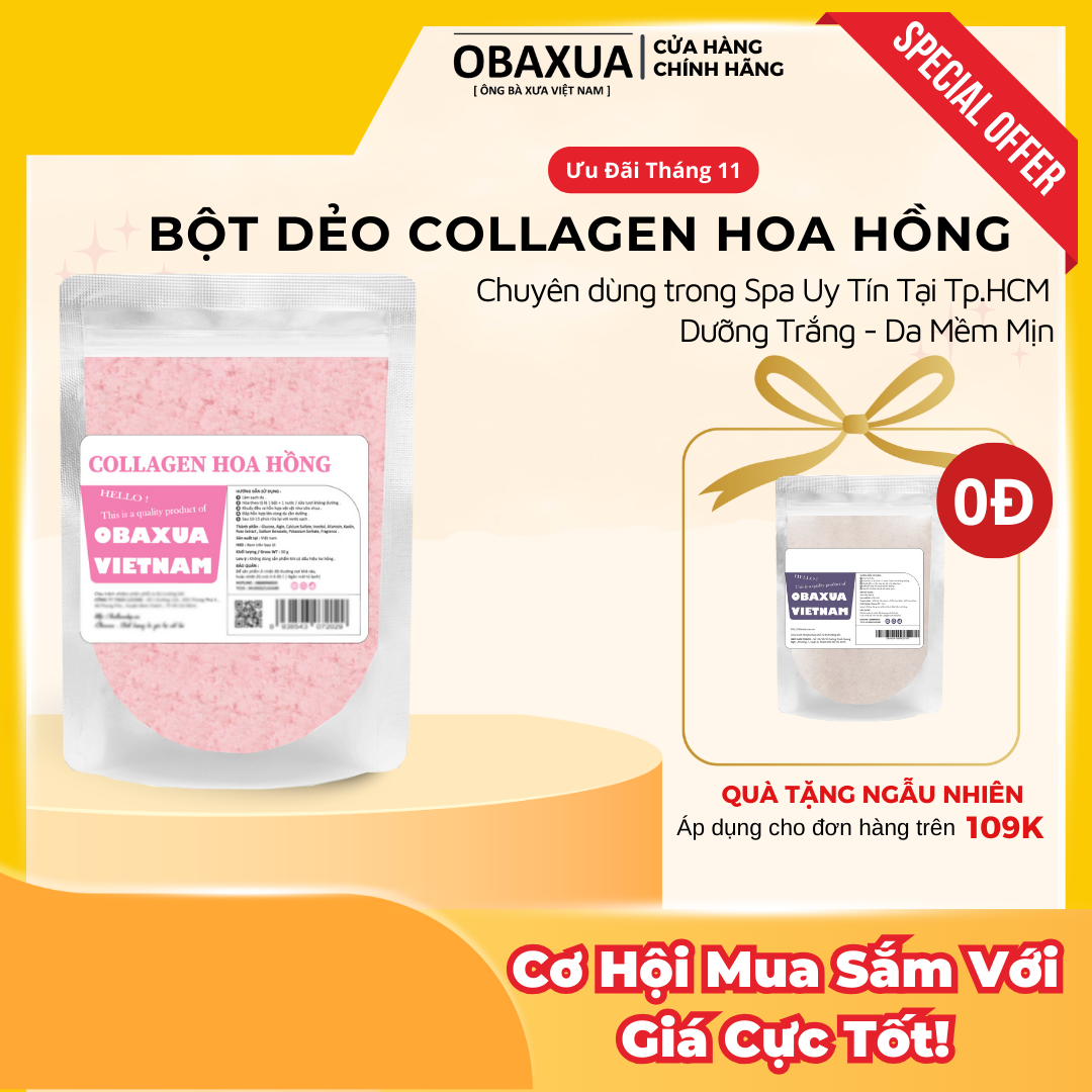 Bột mặt nạ dẻo collagen hoa hồng OBAXUA (mask dẻo) Dưỡng trắng và làm mềm da 50Gr
