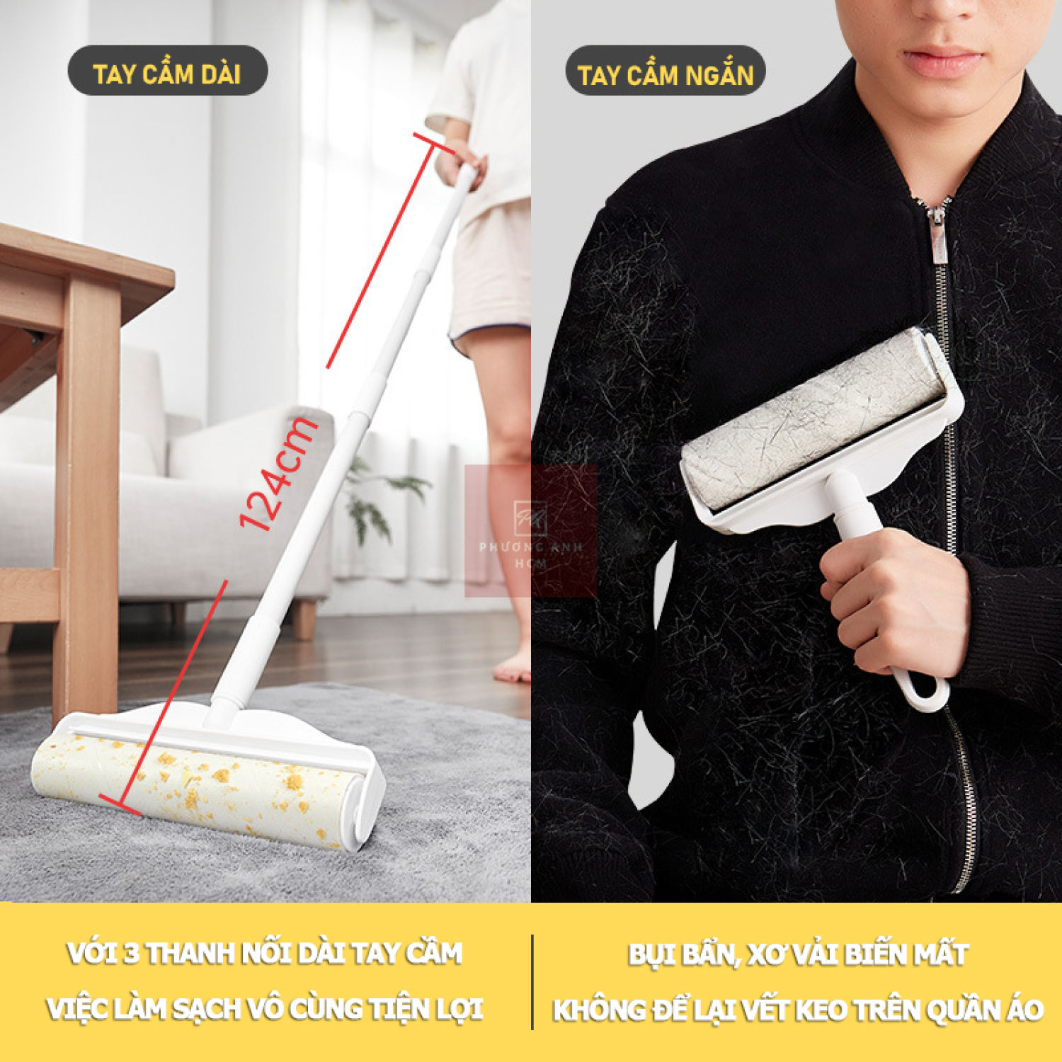 Cây Lăn Bụi Cán Dài Làm Sạch Quần Áo, Sàn Nhà, Ga Giường, Lông Chó Mèo (24cm) - Độ Dài Tùy Chỉnh - Lõi Lăn 24cm