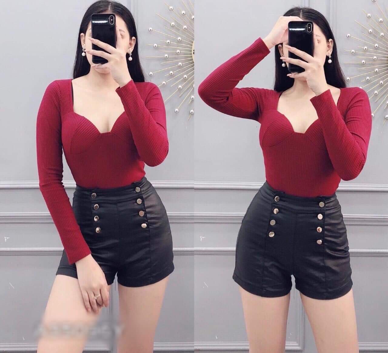(Xả Kho ) Áo Thun Gân Cúp Ngực Tay Dài, Áo Ôm Body Cổ Vuông Có Mút