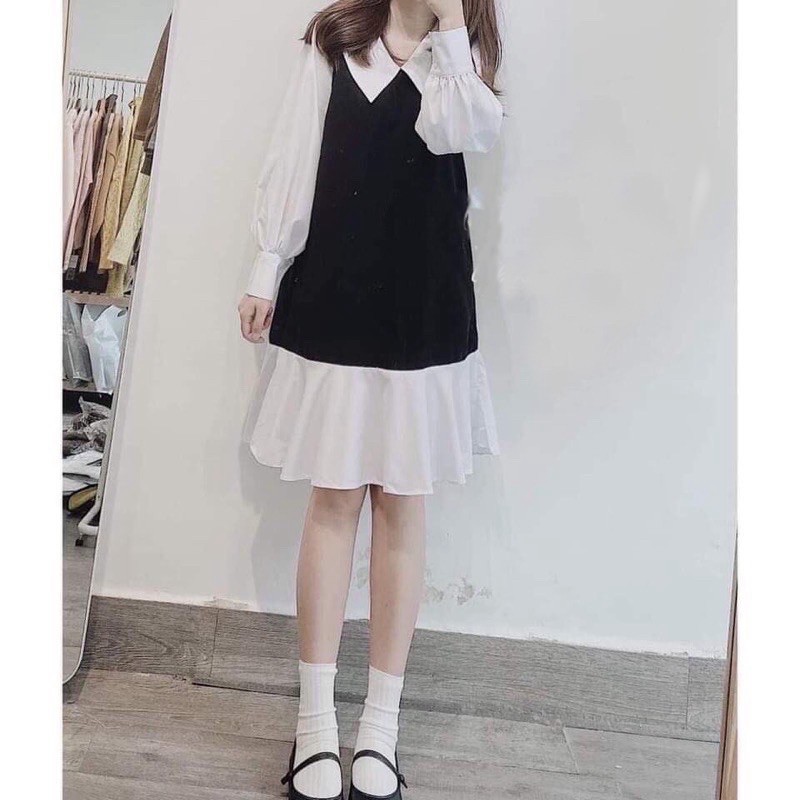 Váy Babydoll Nữ Dài Tay Cổ Sen ⚡FREESHIP⚡ Đầm Nữ Tay Bèo Đuôi Cá Phối Màu