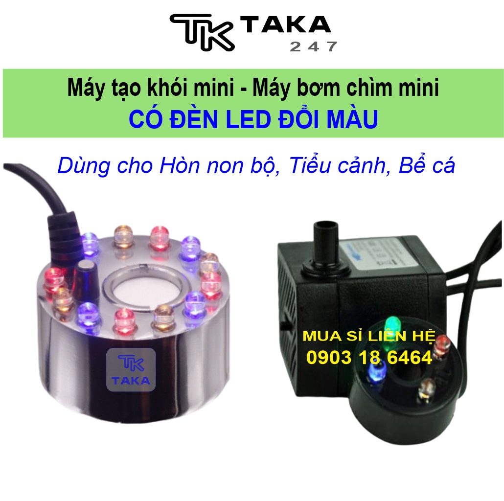 Máy tạo khói - Máy bơm chìm mini 2W 5W có đèn led đổi màu chống rỉ trang trí tiểu cảnh, hòn non bộ, thủy sinh