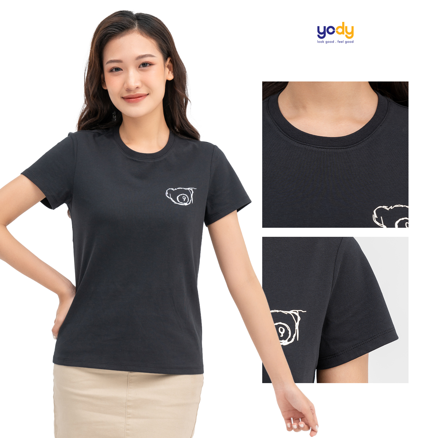 Áo thun nữ YODY basic cổ tròn in hình gấu vải bột ngô thấm hút tốt TSN6018