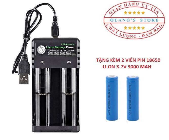 Sạc Pin BMAX cho Pin 18650,18500, 18350, 16650, 16340, 14500, 10440, 26650 Có đèn báo và tự ngắt khi đầy- Kèm 2 viên pin 18650 3000 mAh