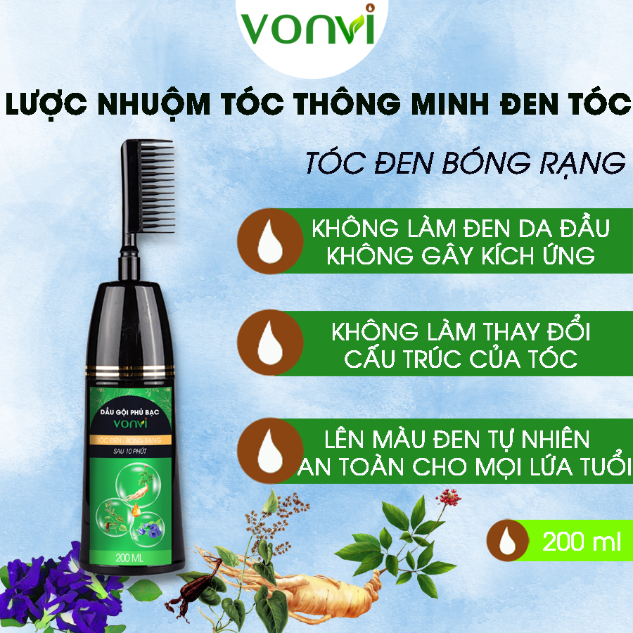 Lược nhuộm tóc thông minh đen tóc VONVI nhuộm tóc đen phủ bạc trong 10 phút 200ml