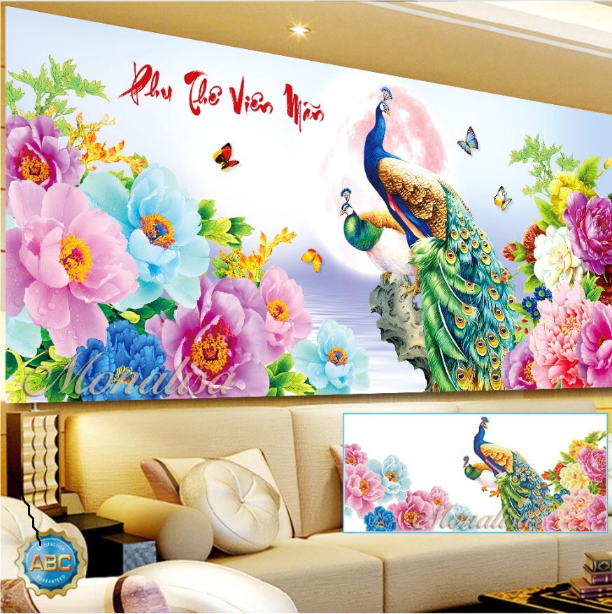 Tranh đính đá Chim Công nghệ thuật 160x70cm