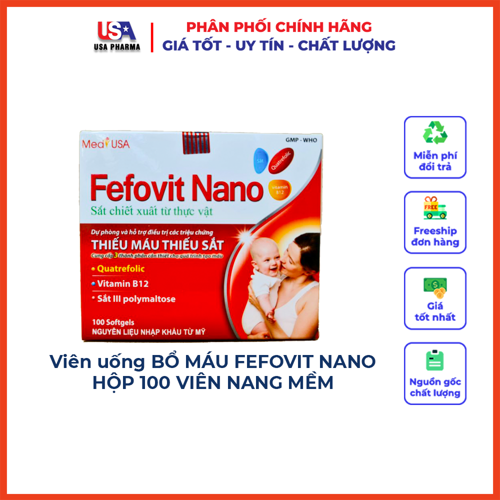 Viên Uống FEFOVIT Nano USA bổ máu, bổ sung Sắt hữu cơ, Acid Folic