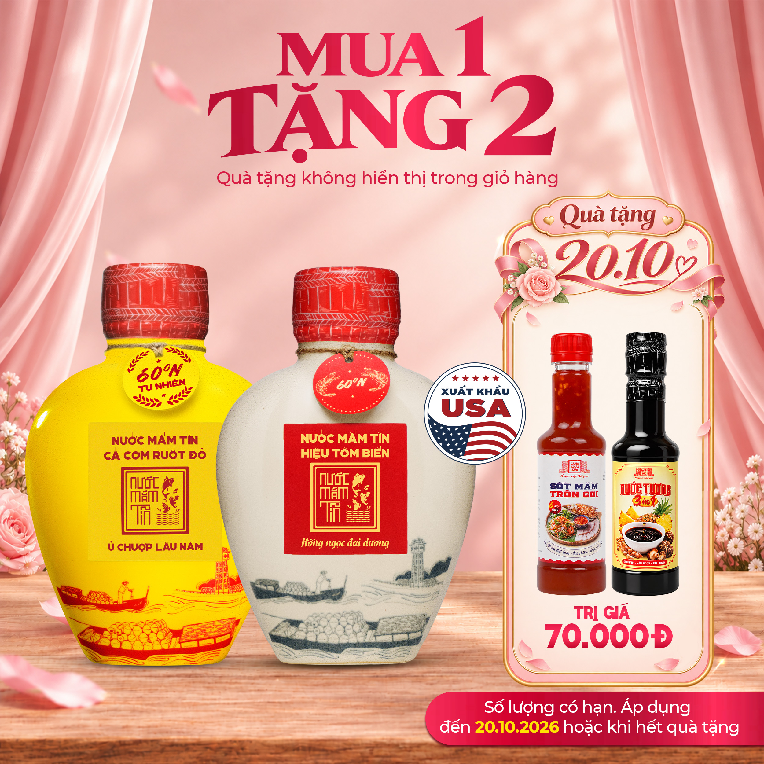 [Tặng Sốt mắm trộn gỏi và Nước tương 3in1] Combo 2 BÌNH GỐM gồm Hiệu Tôm biển 60N 500ml và Cá cơm vàng 60N 500ml Nước mắm Tĩn