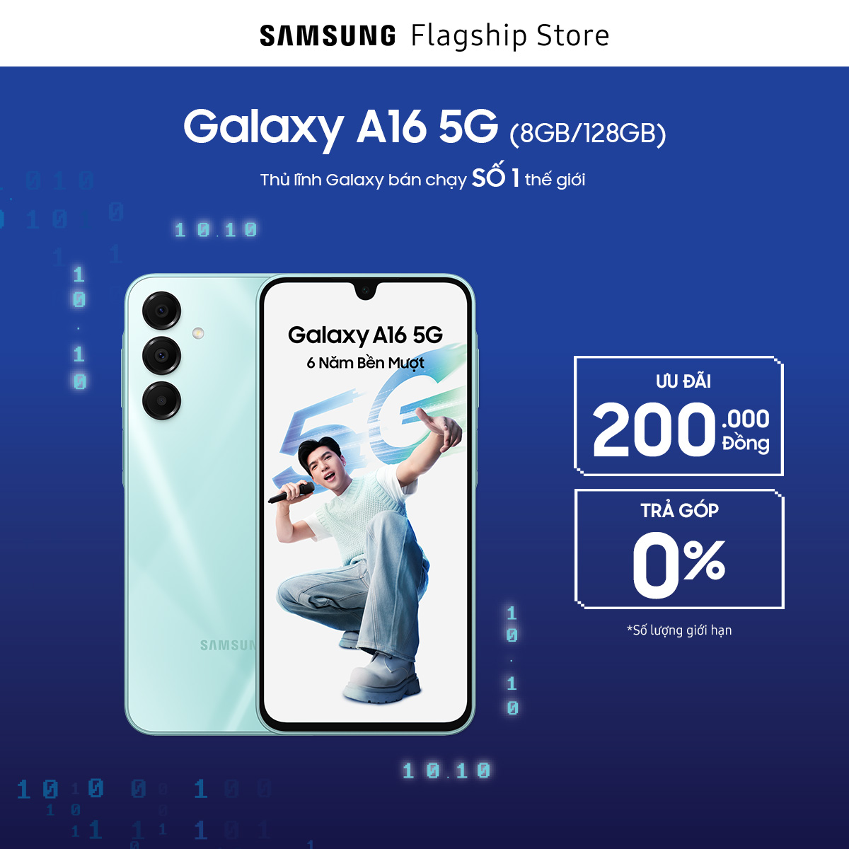[MEGA SALE TỪ 20H 09.10] Điện thoại Samsung Galaxy A16 5G (8GB/128GB), màn hình Super AMOLED 6.7", kháng bụi nước IP54, bền mượt 6 năm