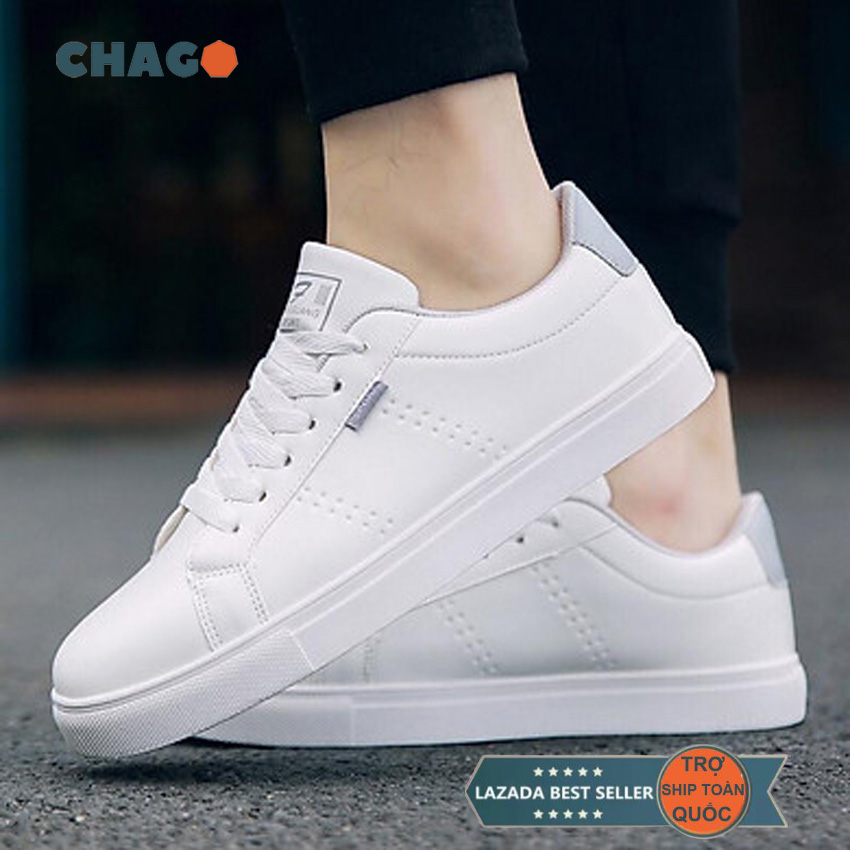 Giày sneaker nam thời trang CHAGO, giày thể thao nam trắng phối gót ghi, giày sneaker nam cổ thấp giống giày nam, giày mọi, giày lười, giày nam theo phong cách Hàn Quốc - GTT098-LDV02