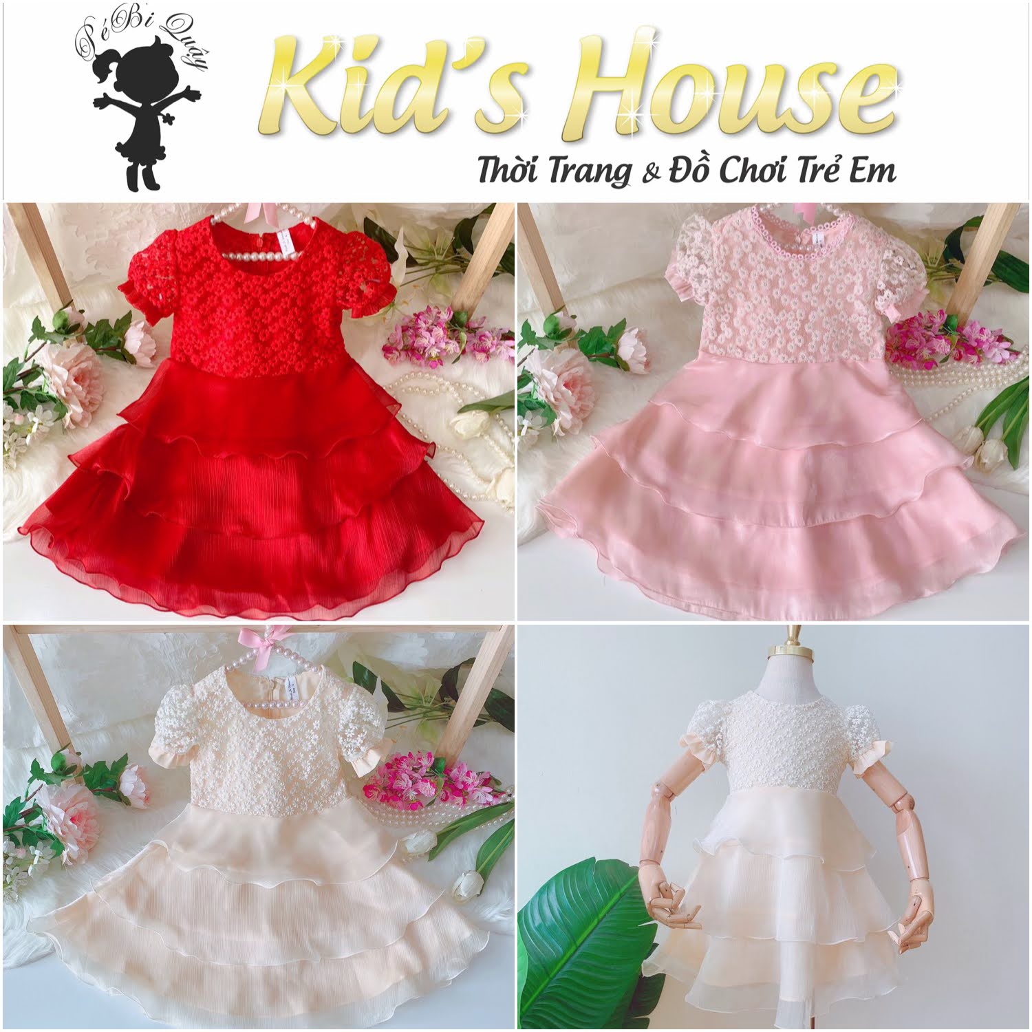 Đầm xòe ren hoa 3 tầng xòe nhẹ nhàng cho bé gái