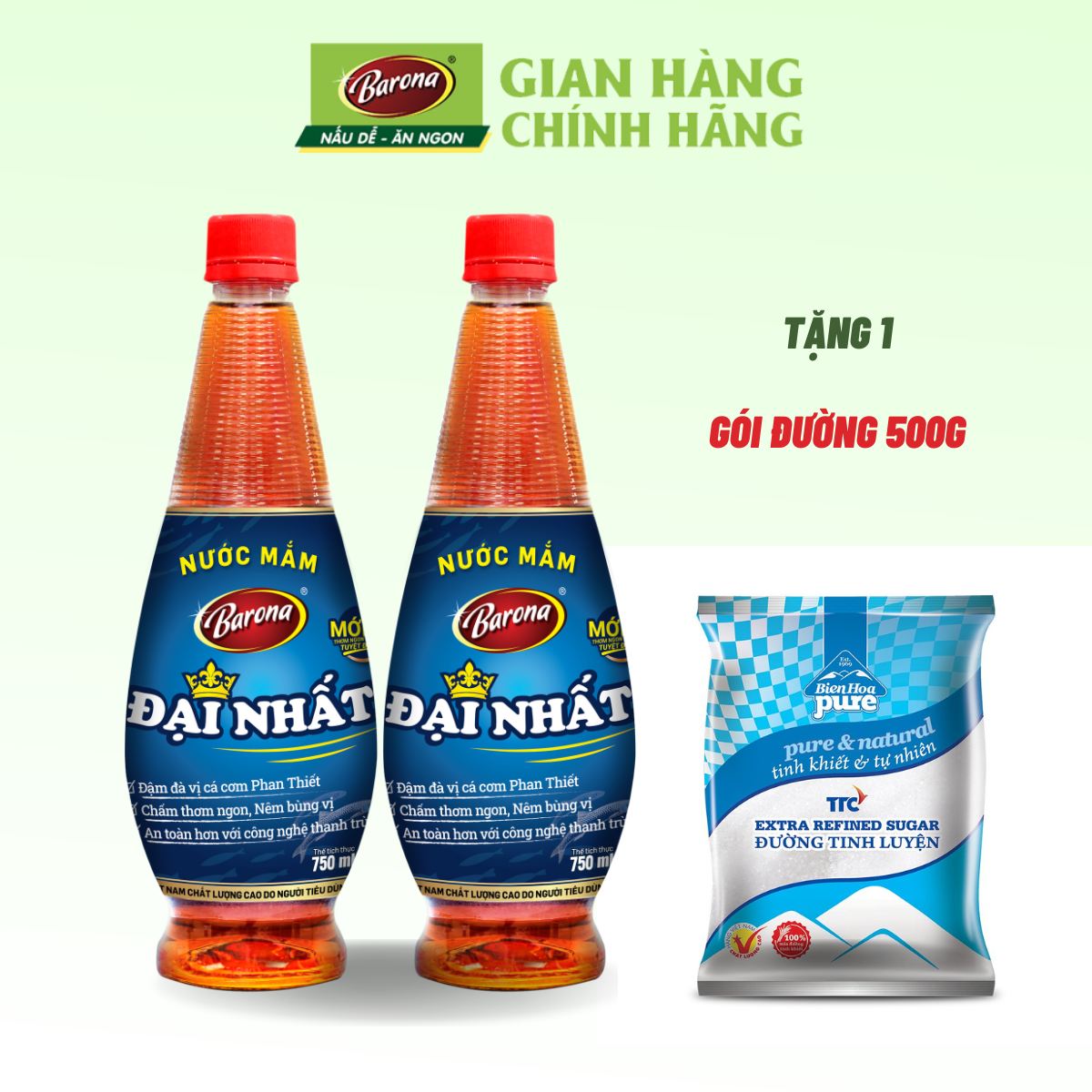 Combo 2 chai Nước Mắm Barona Đại Nhất 12 độ đạm - 750ml, [Tặng 1 gói đường 500gr]