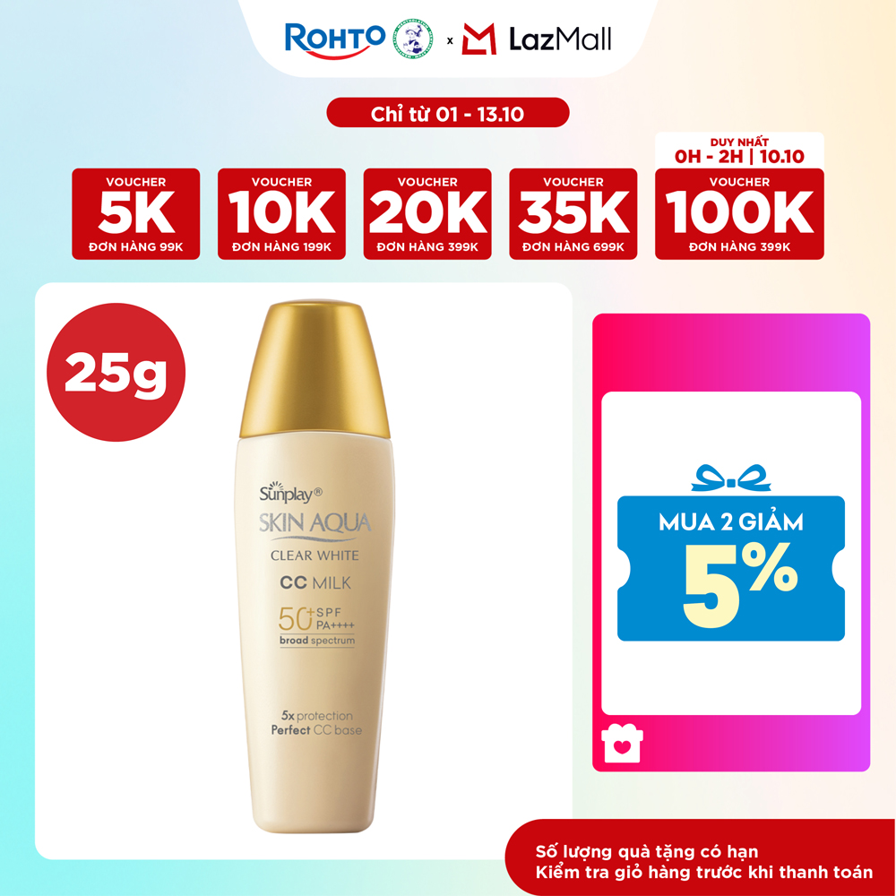 Kem chống nắng Skin Aqua trang điểm tạo nền trắng mịn & đều màu dạng sữa Sunplay Skin Clear White CC Milk SPF 50, PA++++ 25g
