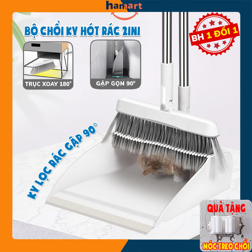 Bộ Chổi Nhựa Quét Nhà Thông Minh Hamart Kèm Ky Hốt Lọc Rác Xếp Gọn 90° Đa Năng Cán INOX