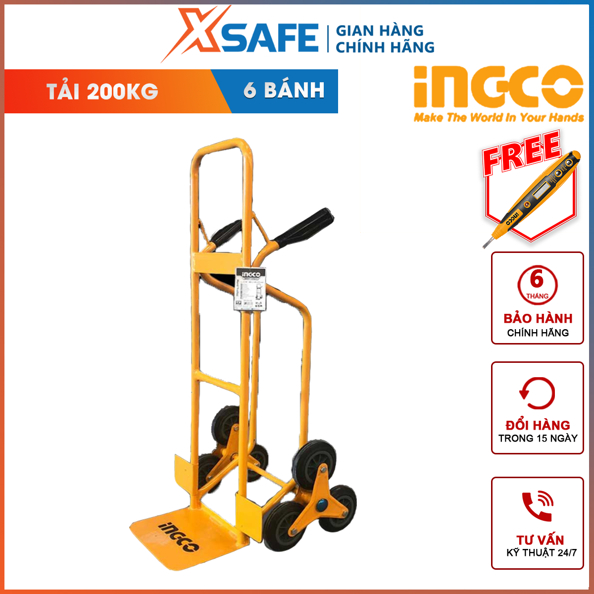 Xe đẩy hàng leo cầu thang 6 bánh INGCO HHHT20461 | xe kéo hàng cầm tay khả năng tải 200kg, kích thước tấm lót chân 240x300mm, độ dày tấm 3.5mm vận chuyển hàng hóa nặng, cồng kềnh