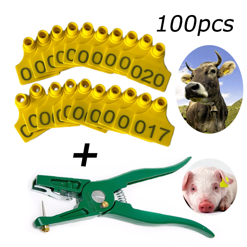 Combo 100pcs thẻ đeo tai heo và 1 kìm bấm thẻ tai, thẻ đeo tai cho heo, dê, cừu, bò, dụng cụ đánh dấu gia xúc và thú cưng