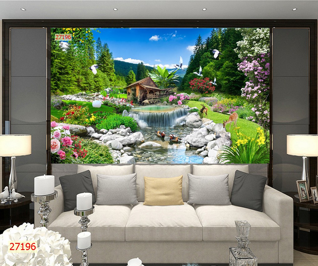 Decal tranh dán tuờng 3d sơn thủy phong cảnh thiên nhiên rừng cây sông suối trang trí phòng khách đẹp giá rẻ chất liệu decal pp cán màng bóng atm