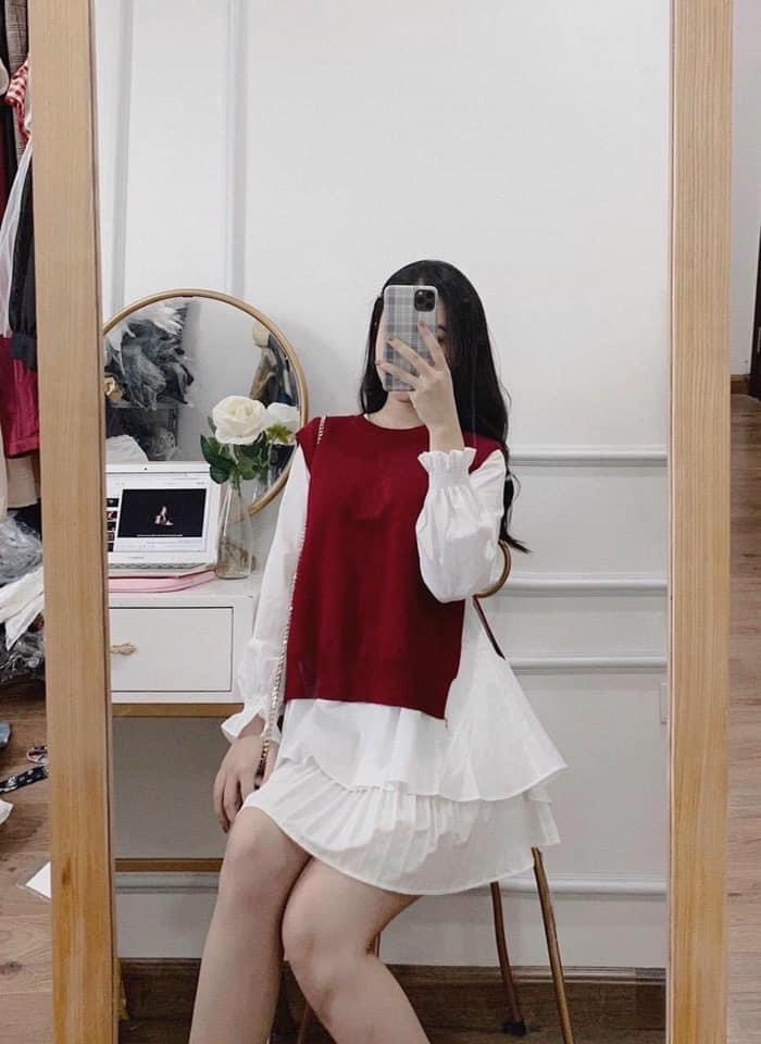 Áo sơ mi trắng mix áo gile đỏ