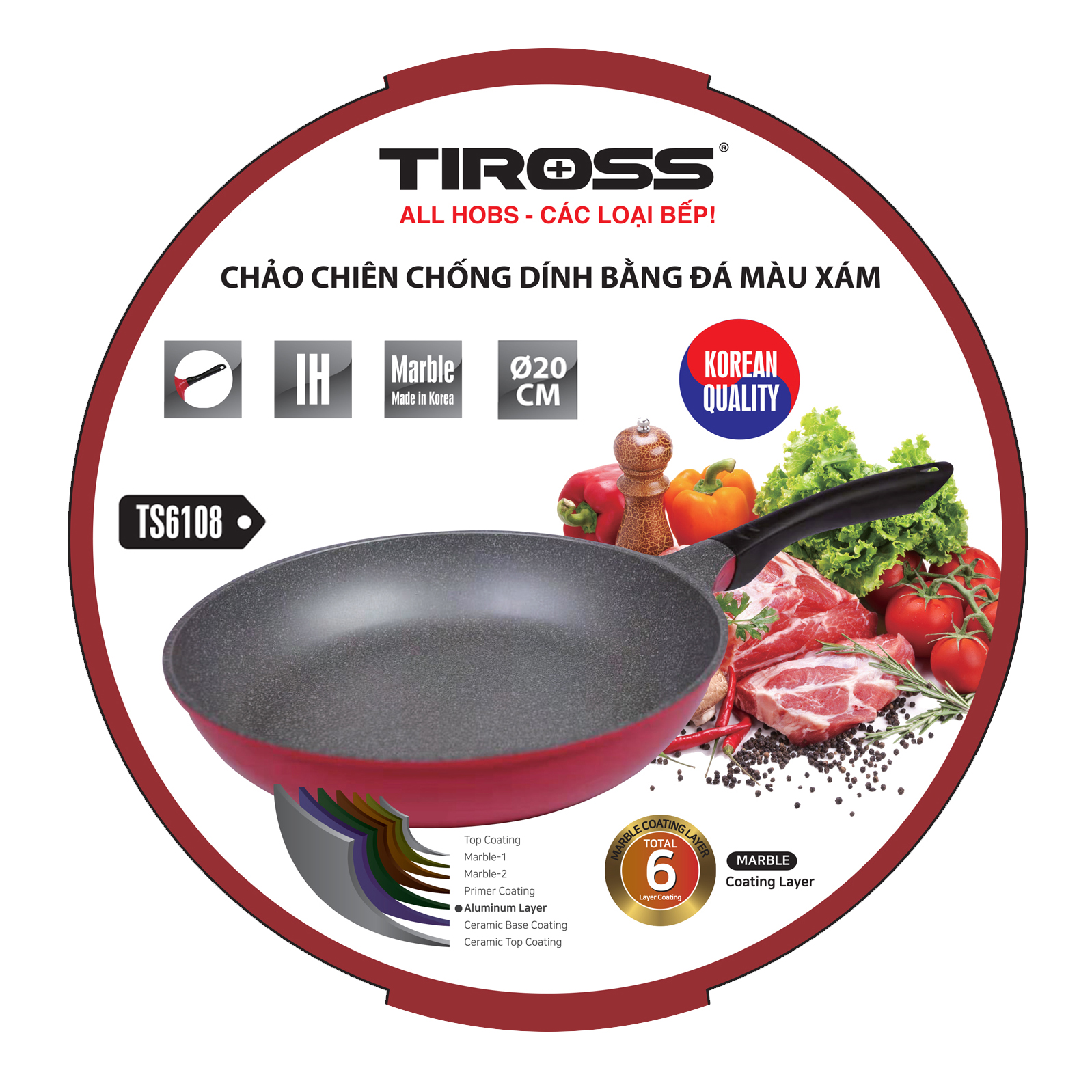 Chảo chống dính Tiross dùng bếp từ bếp ga, chảo chiên cạn TS6108 phi 20 cm, Chảo chiên chống dính bằng đá