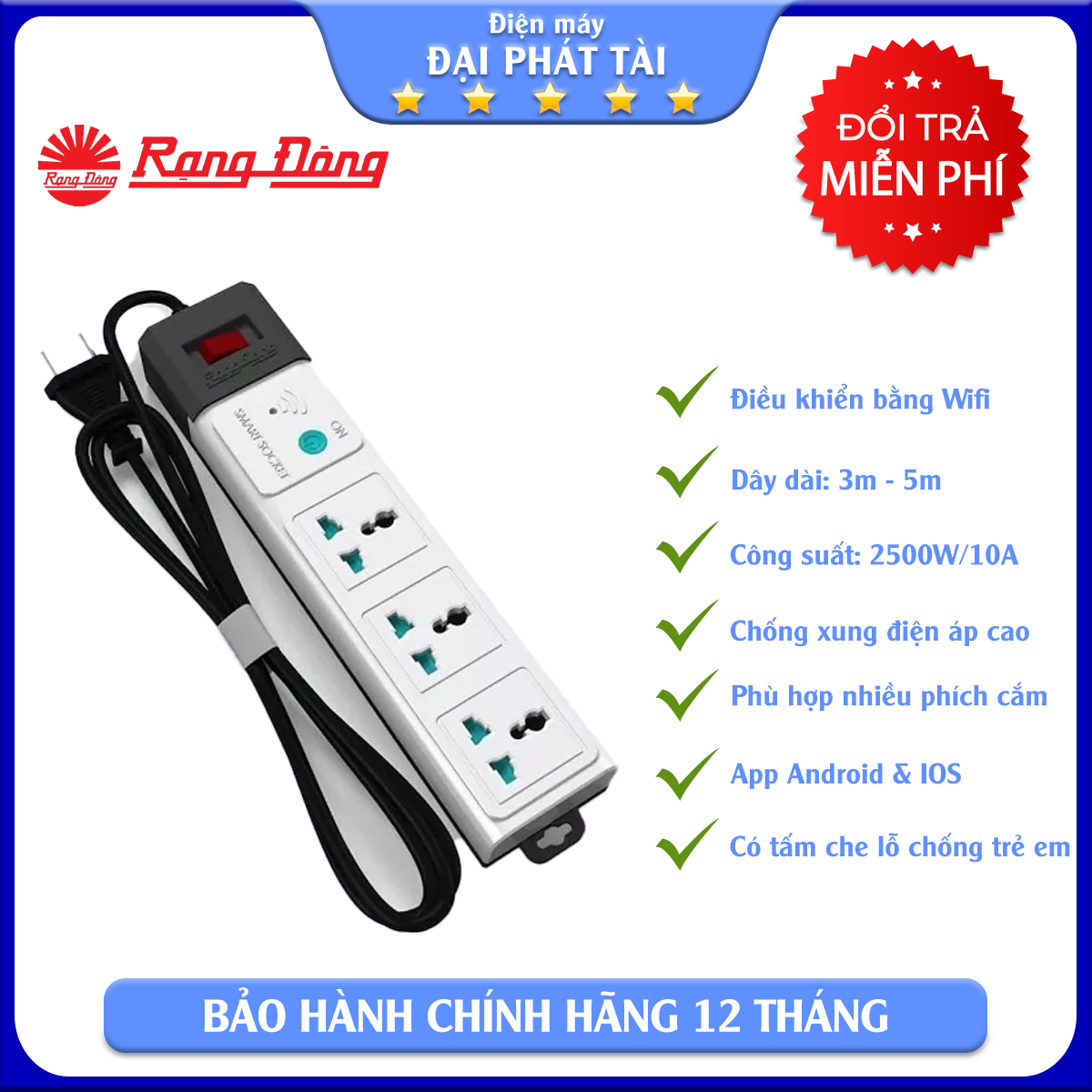 Ổ cắm thông minh Wifi Rạng Đông - Chức Năng Hẹn Giờ Điều Khiển Từ Xa Bằng Điện Thoại, Dây 3m, 5m