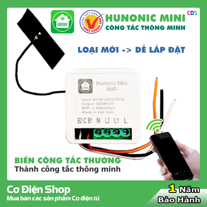 Công tắc wifi hunonic mini 2 kênh 500w/kênh - lắp sau công tắc âm tường - điều khiển từ xa bằng điện thoại
