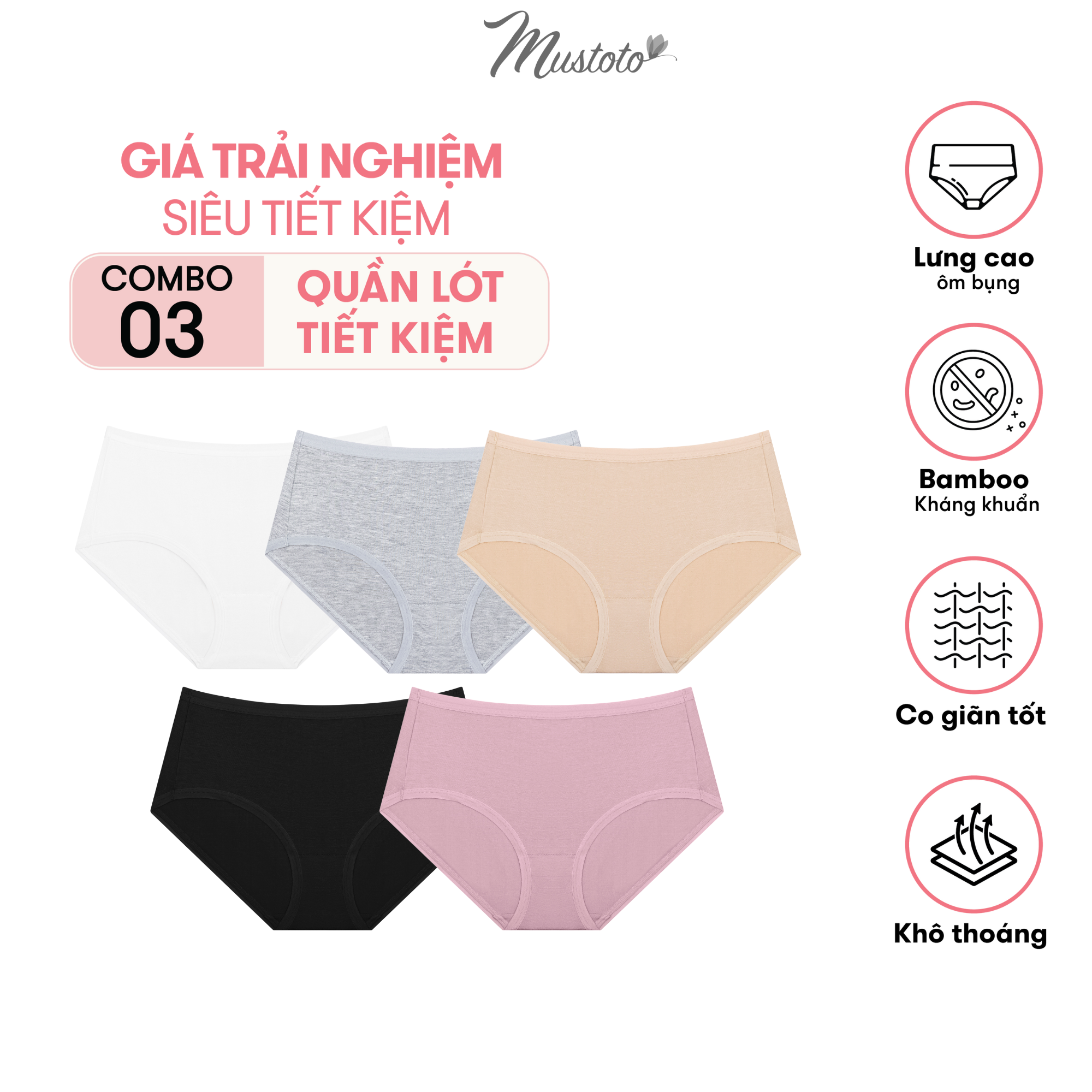 Combo 5 Quần Lót Nữ Mustoto Trơn Lưng Cao Vừa Bamboo Kháng Khuẩn