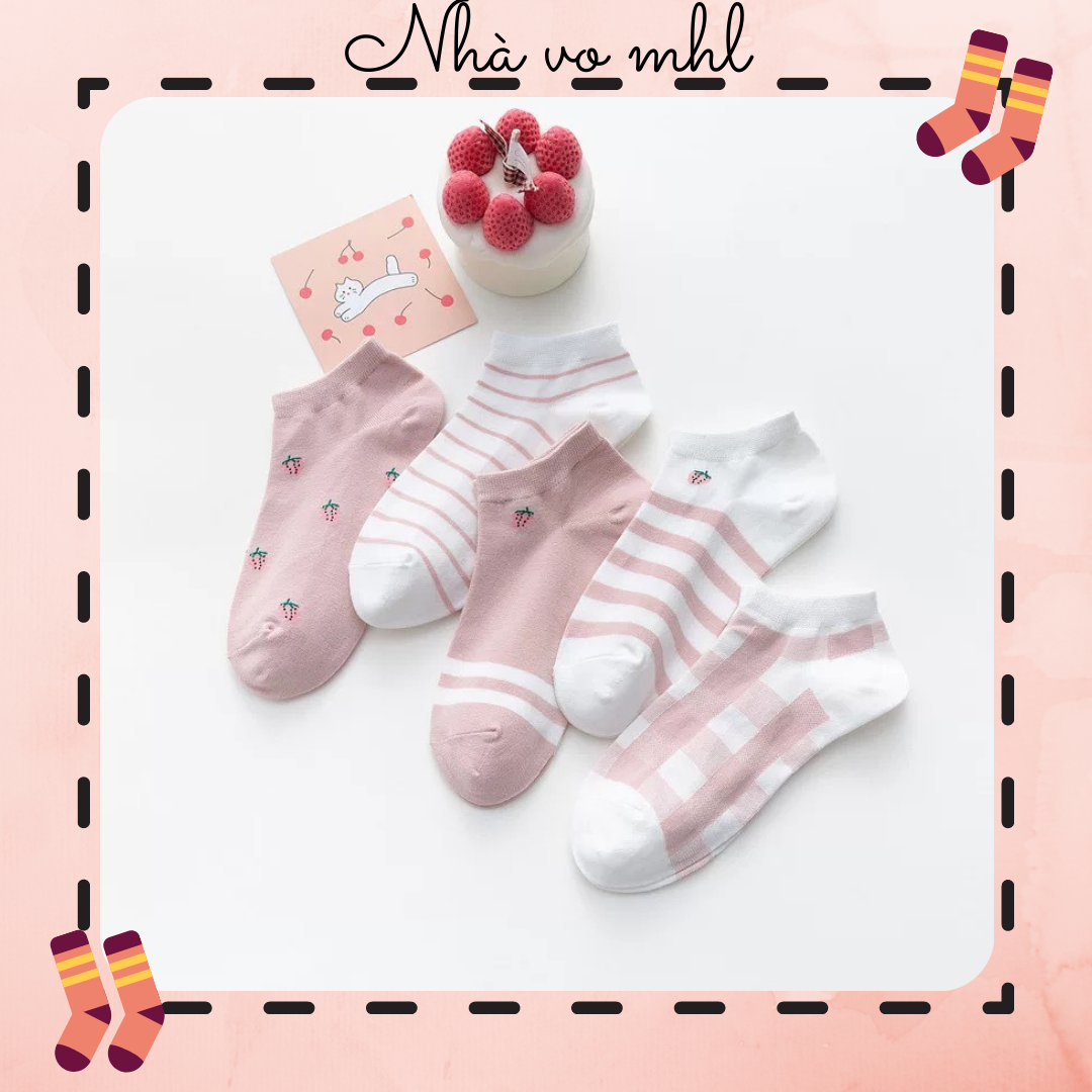 Set Vớ Tất cổ Ngắn Hồng Dâu 5 Đôi Unisex Cotton Họa Tiết Phong cách Nhật Hàn Hot Trend Ulzzang Vớ Ngắn cổ Nam nữ Thời trang