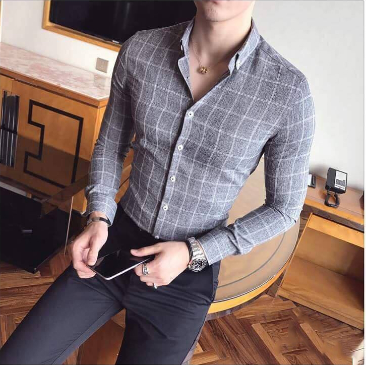 Sơ mi nam kẻ caro vải đũi cổ bẻ thời trang nam