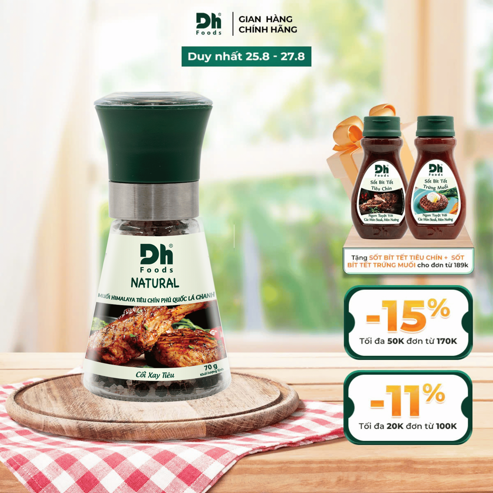NATURAL Muối Himalaaya Tiêu chín Phú Quốc Lá Chanh 100% muối hồng tự nhiên - Hũ nắp cối xay tiêu Ceramic tiện lợi 70gr
