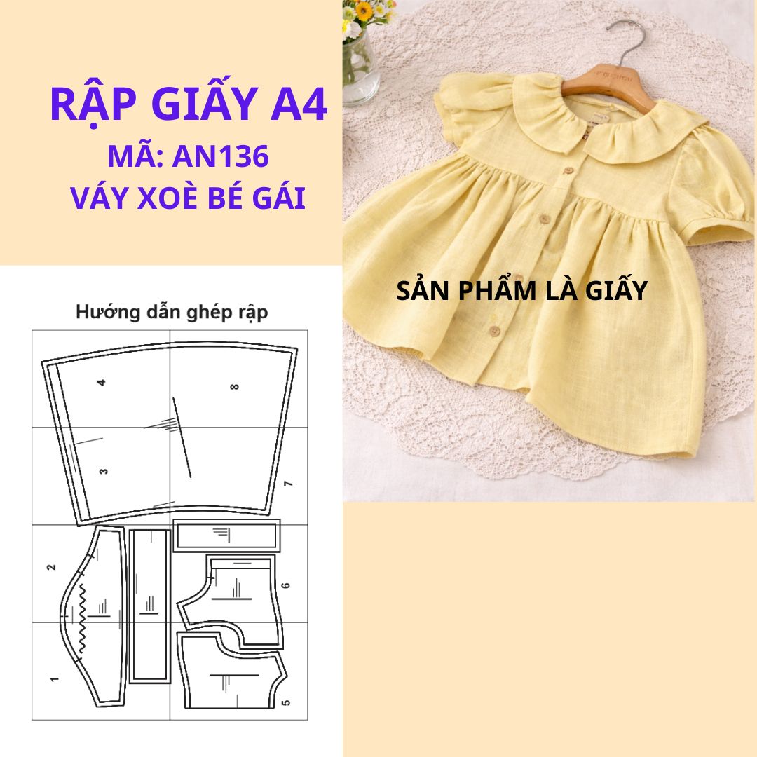 Rập giấy A4 cắt ghép may xoè tay bồng bé gái - AN136
