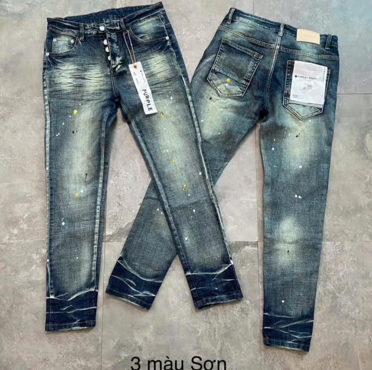 Quần jean pơ pồ xanh nam bảng trơn rách vẩy sơn full tag ống ôm form skinny cao cấp-AHFASHION